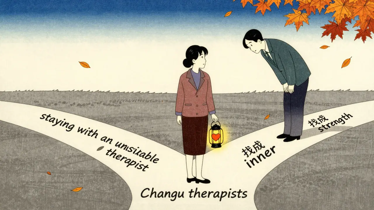 Klient stojí na rozcestí s třemi cestami, drží svíčku ve tvaru srdce, terapeut v pozadí poklání, symbolizující respekt k rozhodnutí.