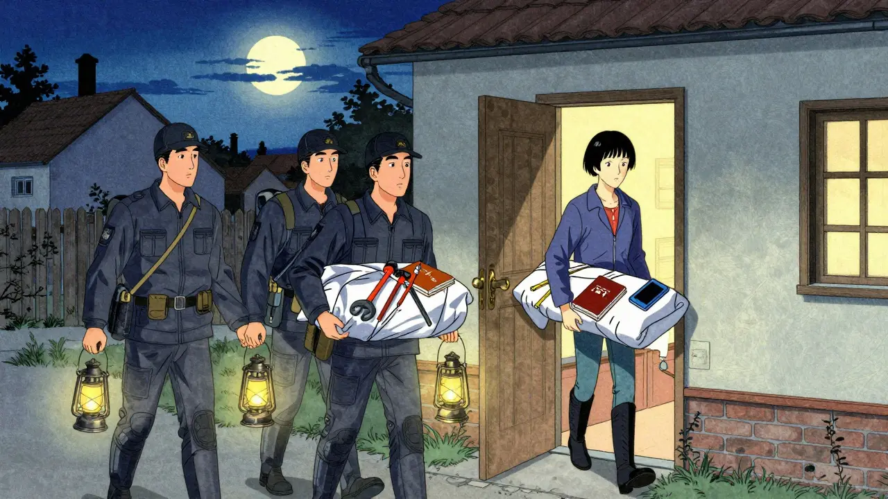 Krizový tým doráží k domu v soumraku, přináší klíčové nástroje pro stabilizaci, za nimi měsíc osvětluje oblohu.