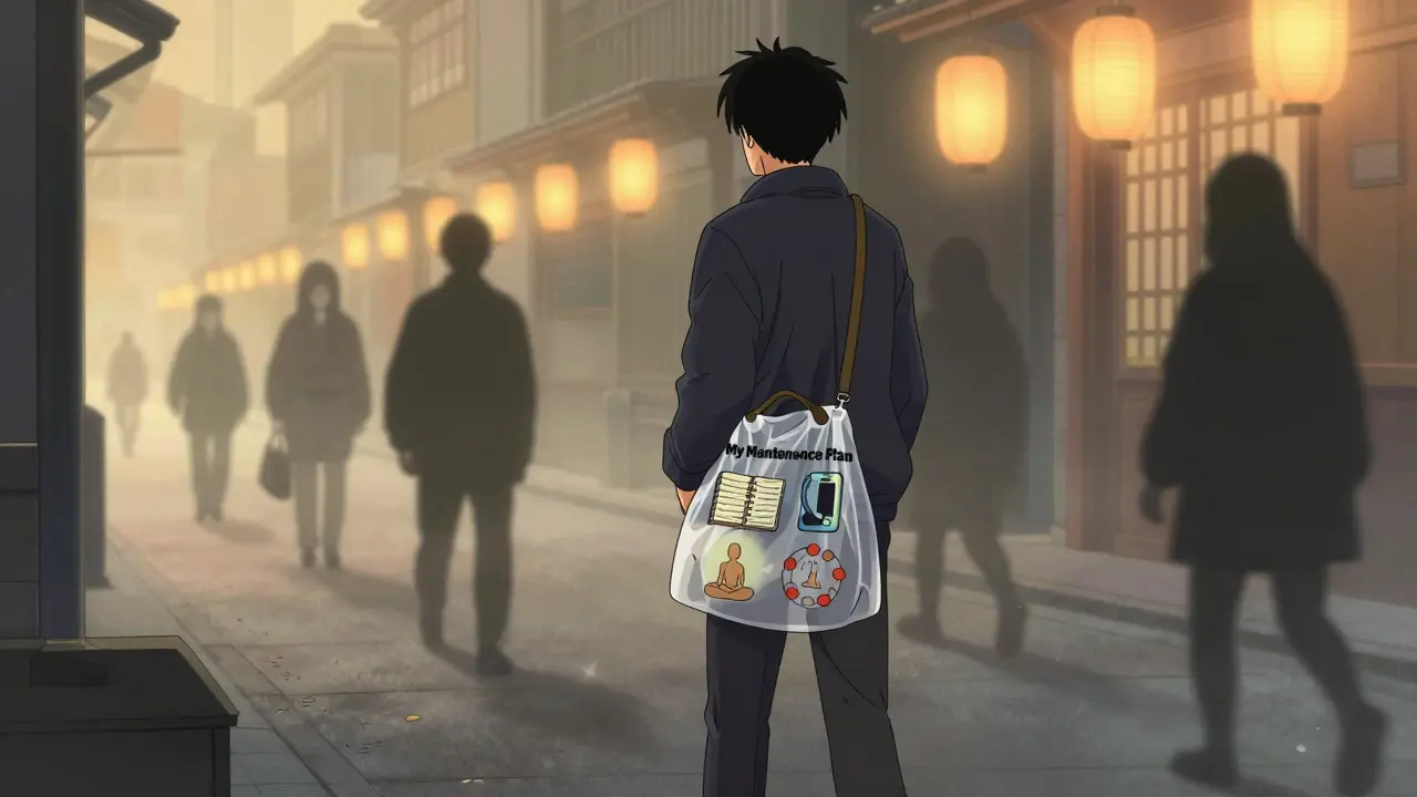 Osoba kráčí ulicí s batohem obsahujícím nástroje udržení změn, stíny starých vzorů za ní.