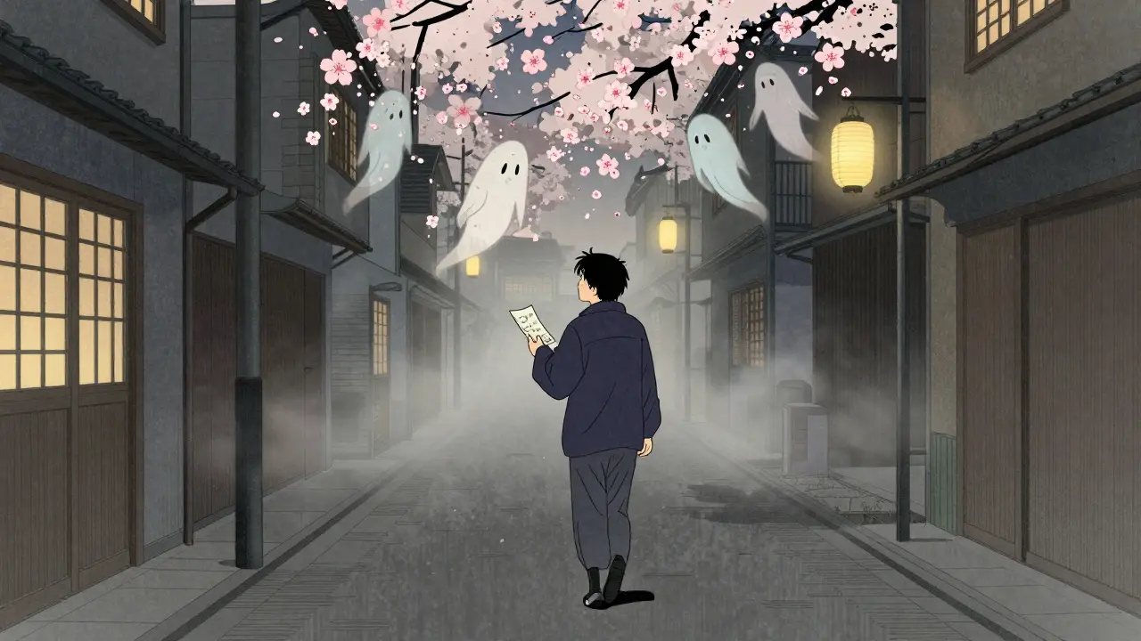 Osoba prochází mlhavou ulicí, drží papír s nečitelnými symboly, nad ní se rozplynou strachy v podobě květů.