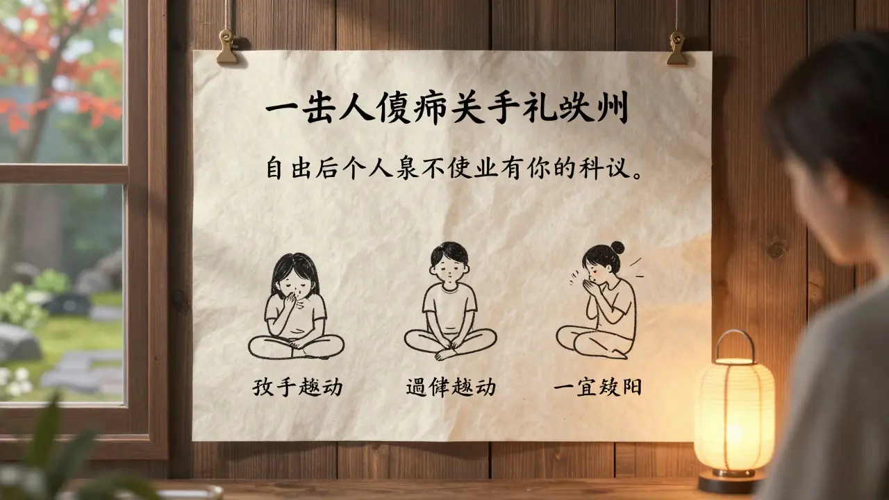 Osobní plán podpory traumatu na papíře s ilustracemi tří denních cvičení a teplým lampionem.