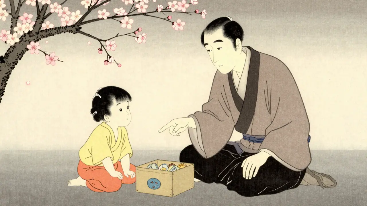 Otec ukazuje na hrací bednu, dítě poslouchá