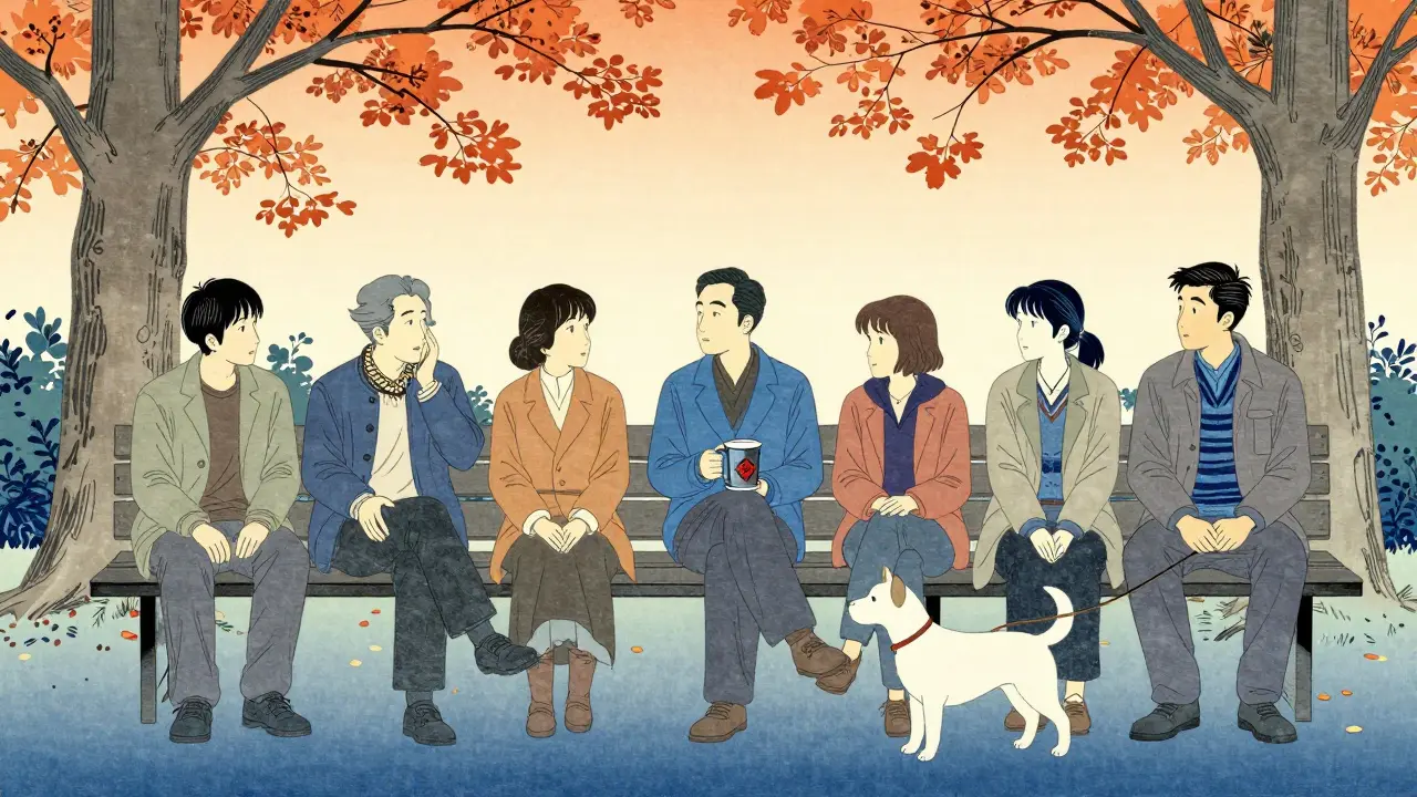 Přátelé sedí na lavičce v parku, jeden poslouchá, druhý nabízí čaj.