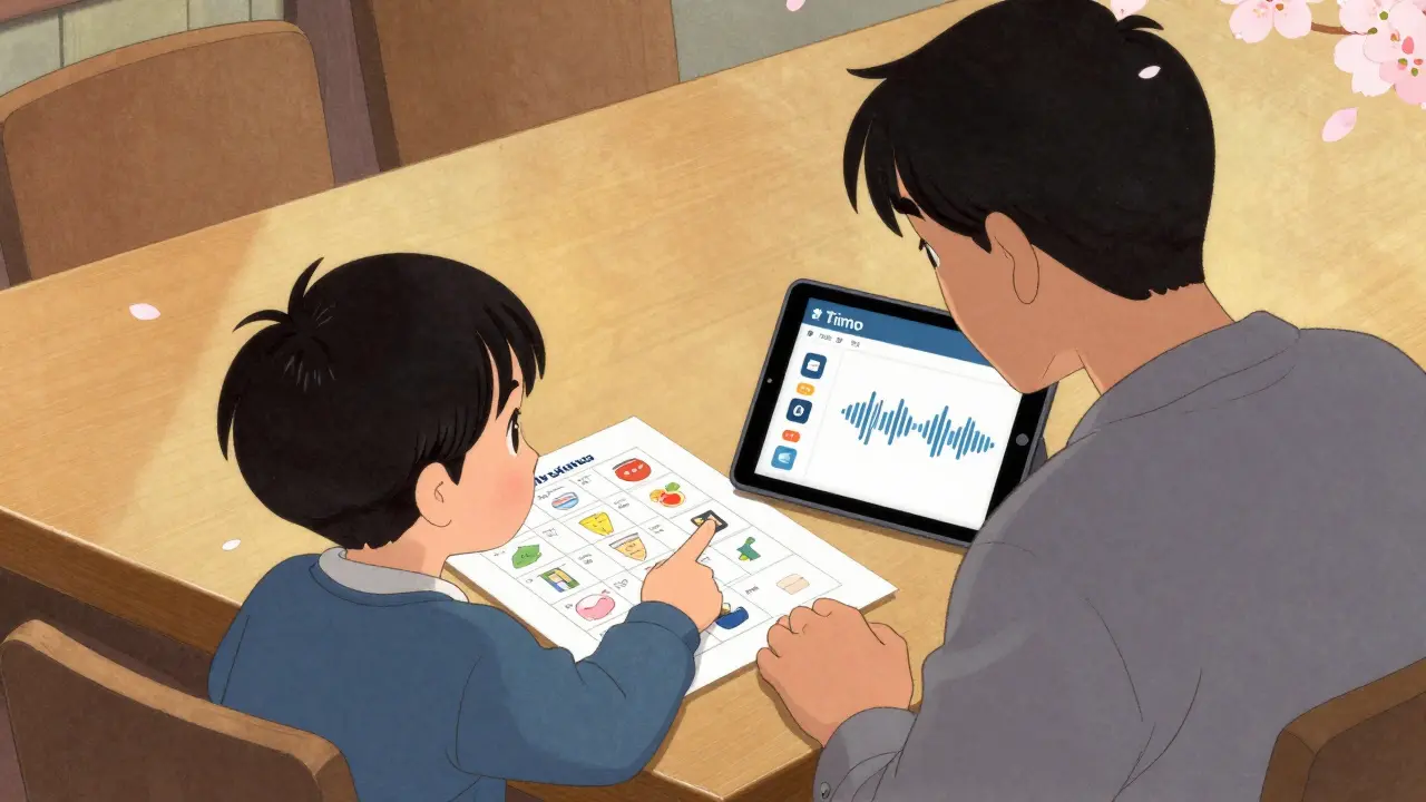 Rodič a dítě společně používají tisknutý plán a aplikaci s vizuálními ikonami bez textu.