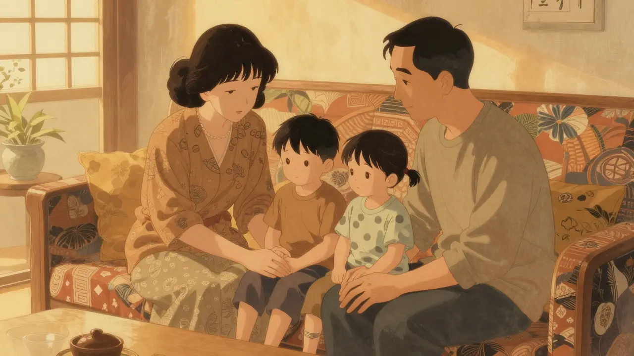 Rodina podporuje blízkou osobu v obývacím pokoji