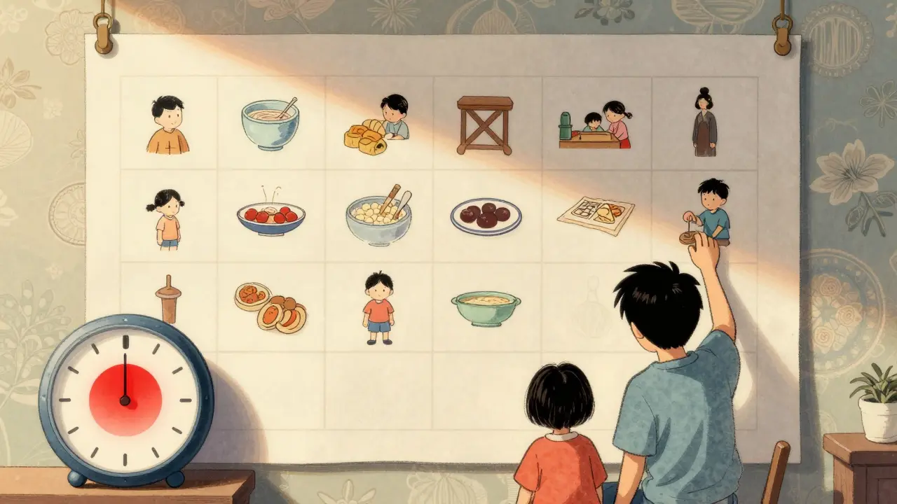 Rodina připevňuje vizuální plán na zeď s českými ikonami a časovým měřičem, bez textu.