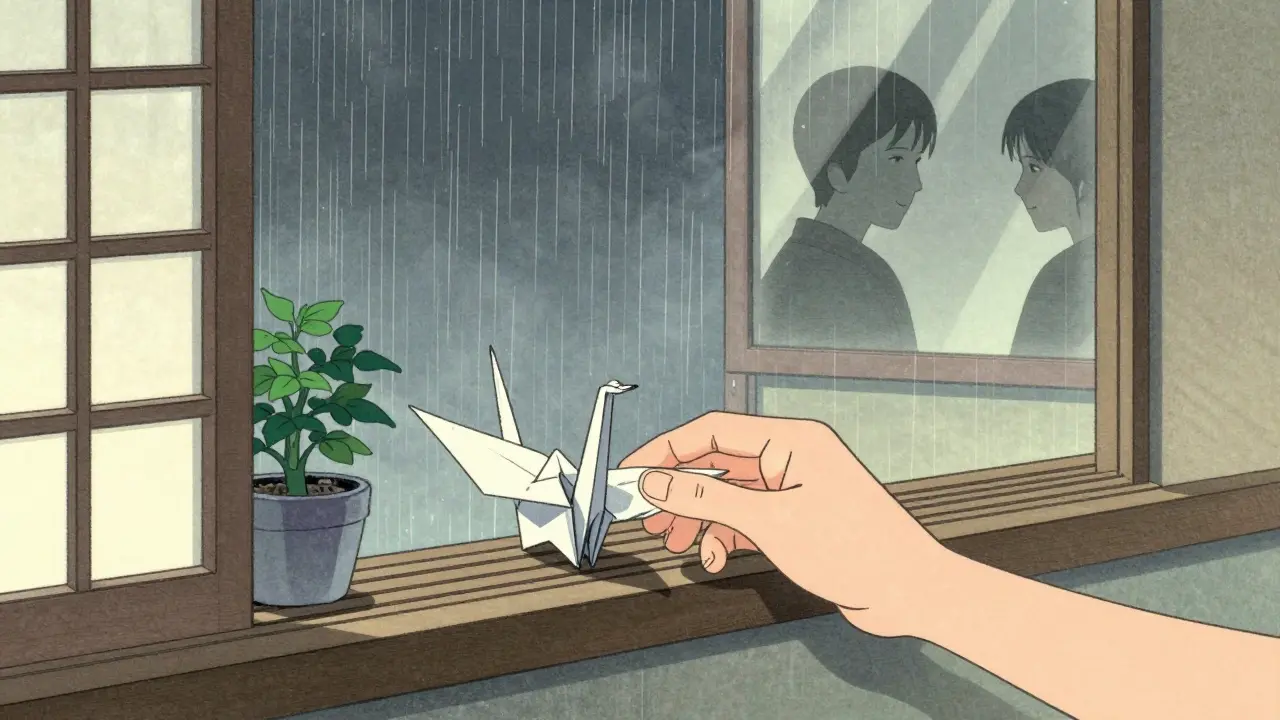 Ruka klade origami žábu na okno, venku prší, uvnitř jemné světlo a odraz dvou postav v zrcadle.