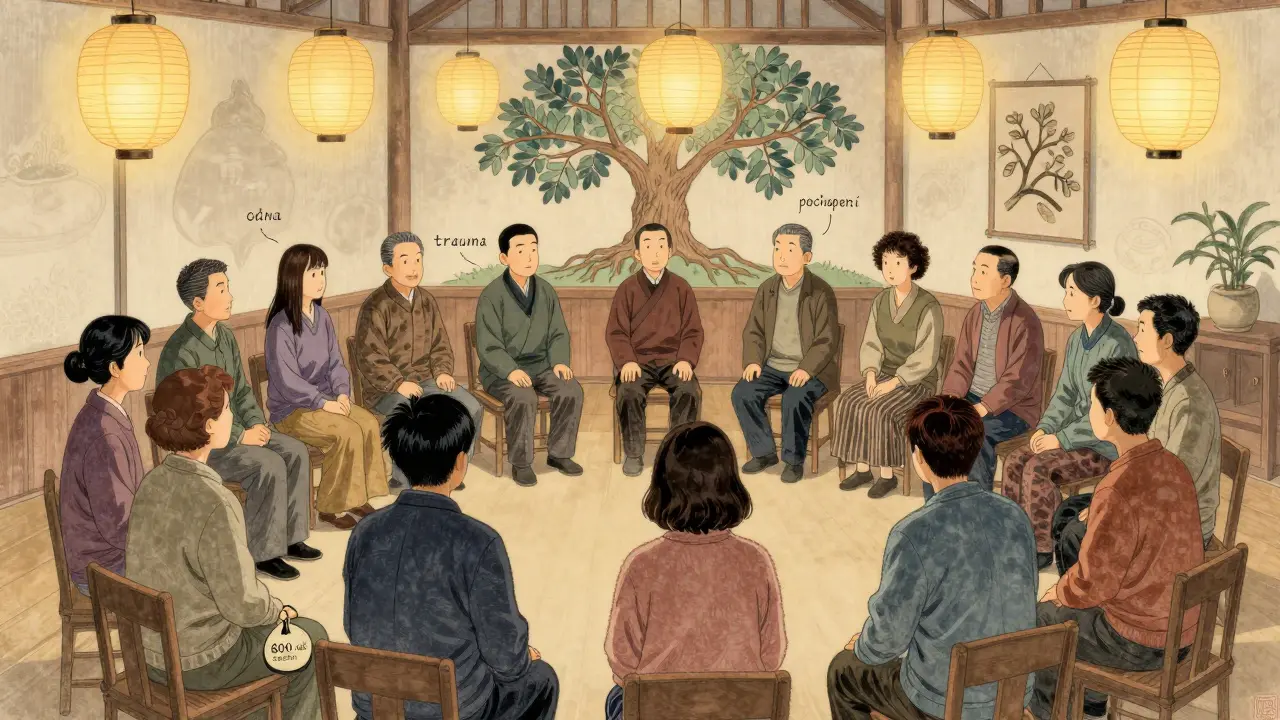 Skupina lidí společně účastní skupinové terapie v klidném, japonsky inspirovaném prostředí.