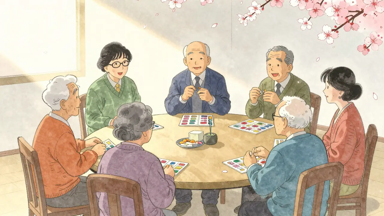 Skupina seniorů se účastní terapeutických aktivit na dotykových stolech senTable® v domově pro seniory.