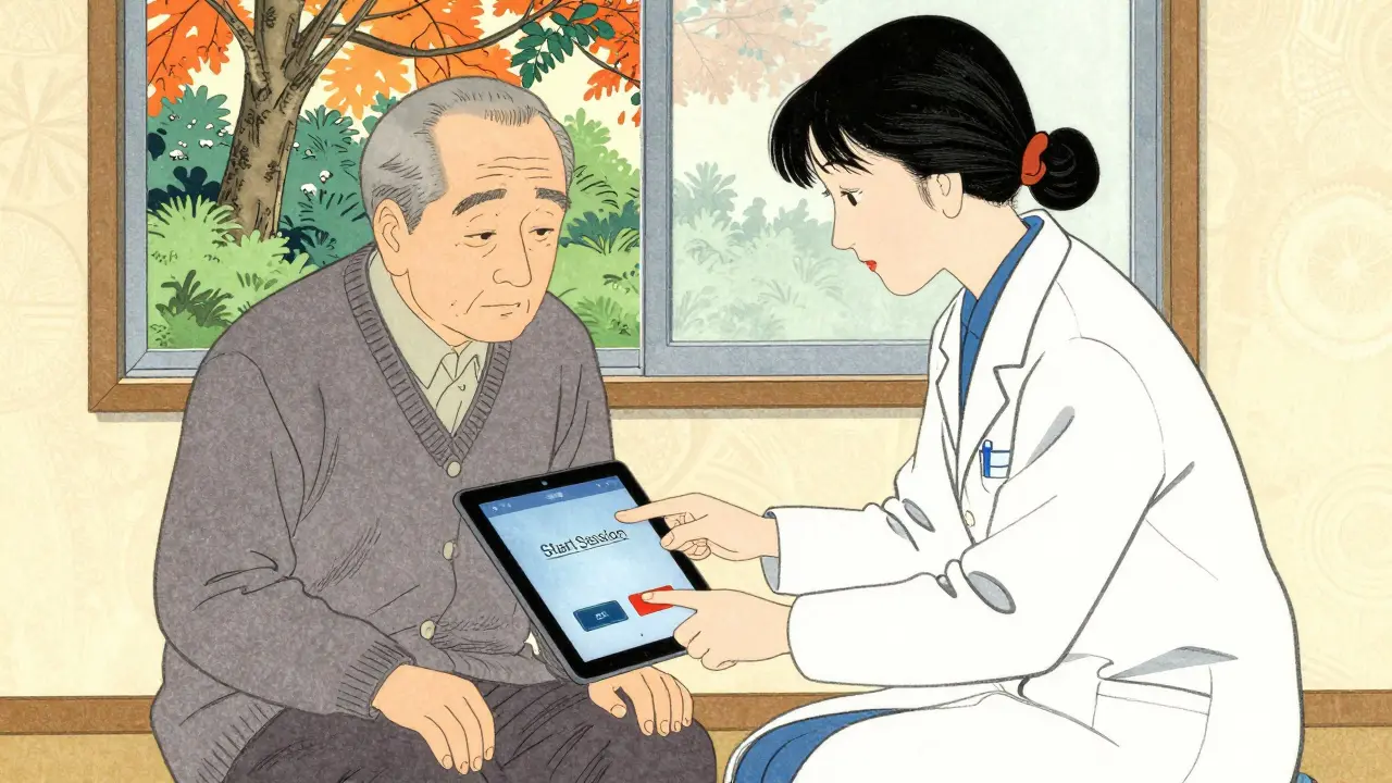 Sociální pracovnice pomáhá starému muži připojit se k online terapii na tabletu.