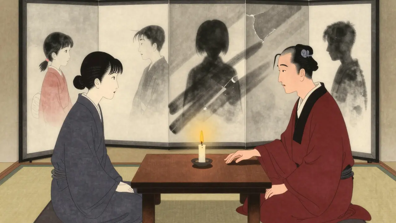 Terapeut a klient sedí před sebou v klidné místnosti, kolem nich se odrážejí stíny různých identit.