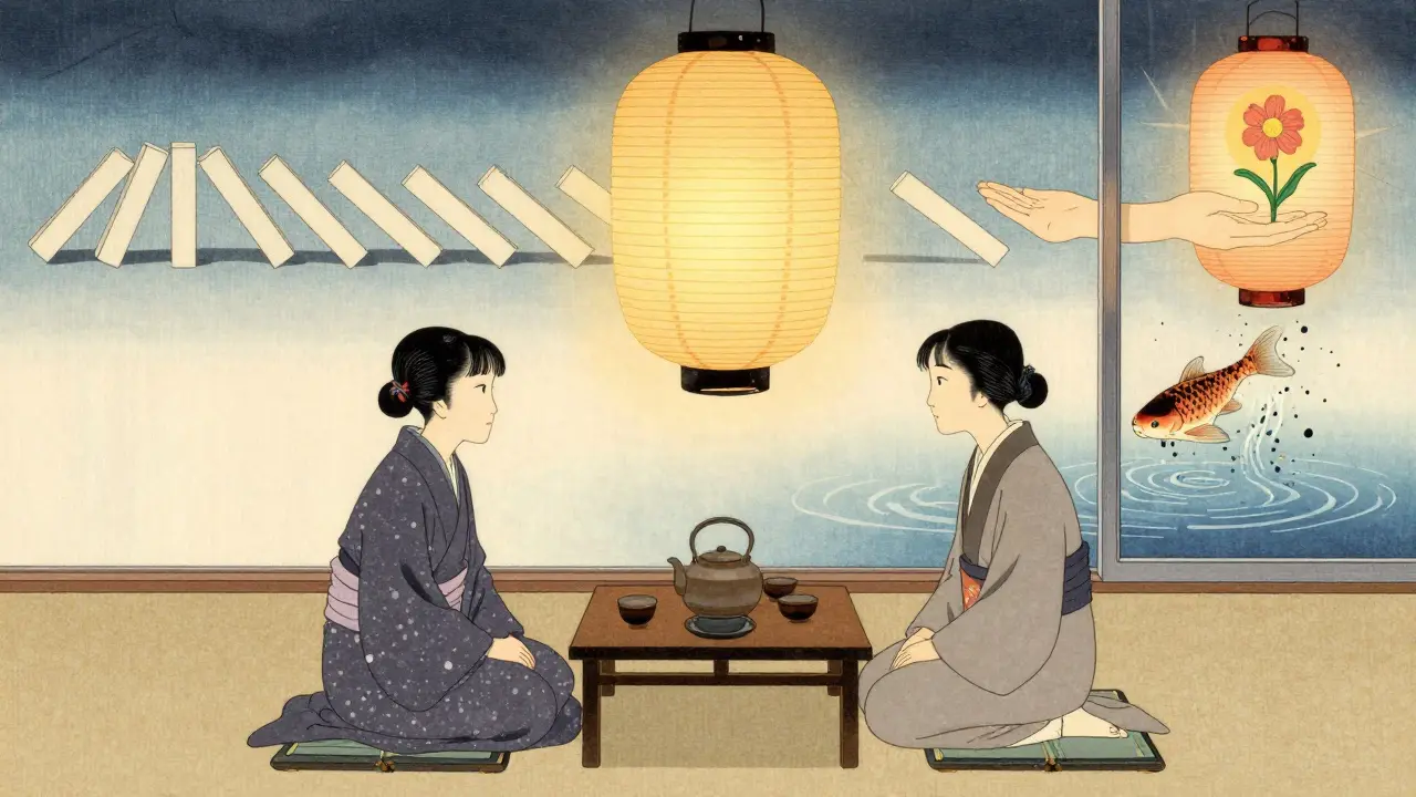 Terapeut a klient sedí v čajové hale, nad nimi svítí lampion s přeměnou katastrofických myšlenek na reálné pravdy.