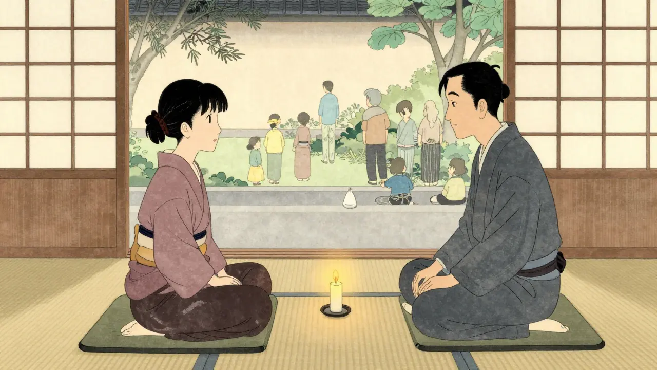 Terapeut a klient spolu v klidné místnosti, venku vidět stíny podpůrné sítě.