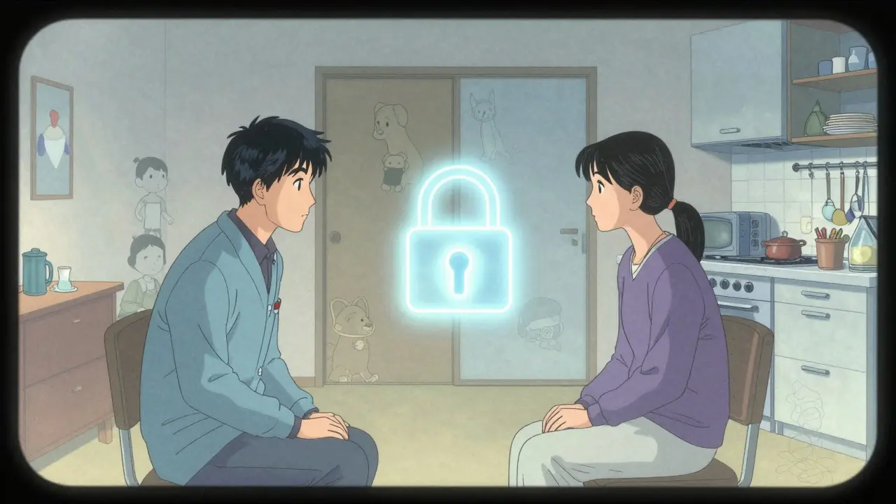 Terapeut a klient v různých prostorech, oddělení digitální závojí, s kryptografickým zámkem mezi nimi jako značkou etických hranic.