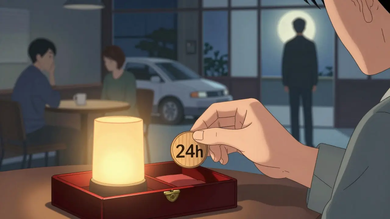 Terapeut ukládá token s časovým omezením do krabice, zatímco klienti v nebezpečných prostředích mizí, jen jeden stojí v bezpečném prostoru pod měsíčním světlem.