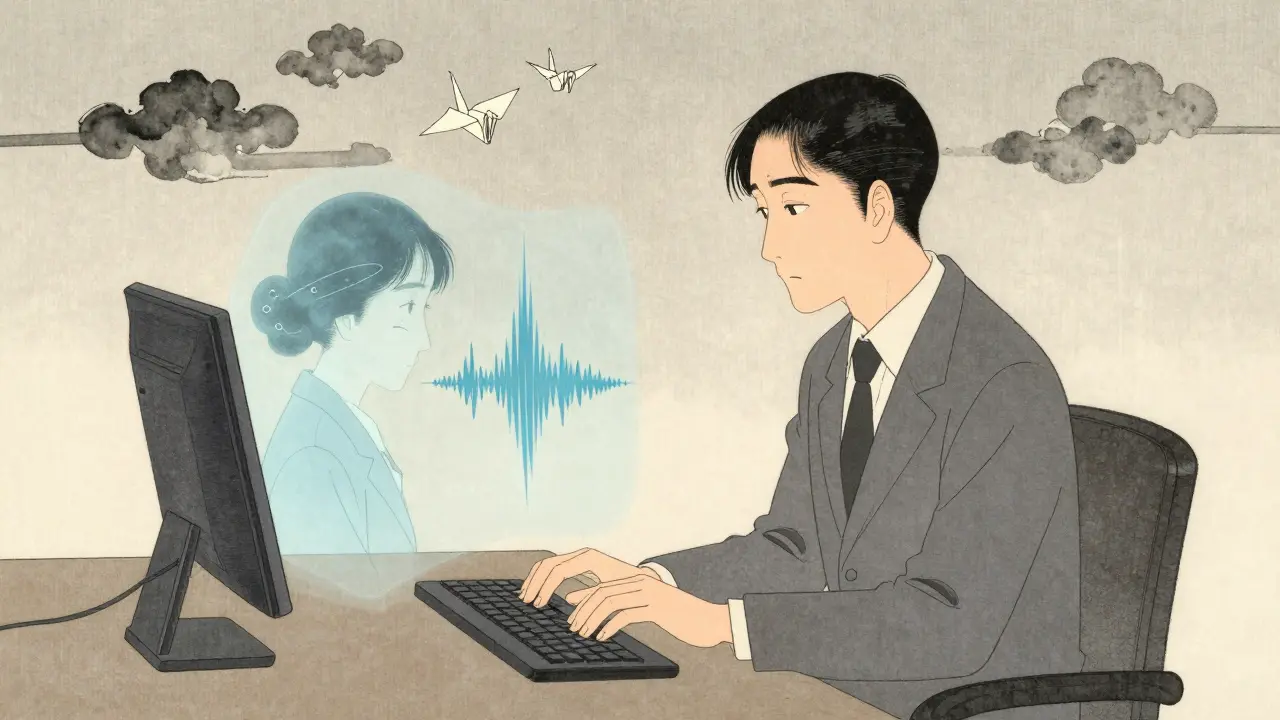 Therapist typing as a holographic client floats beside them with emotional waveform.