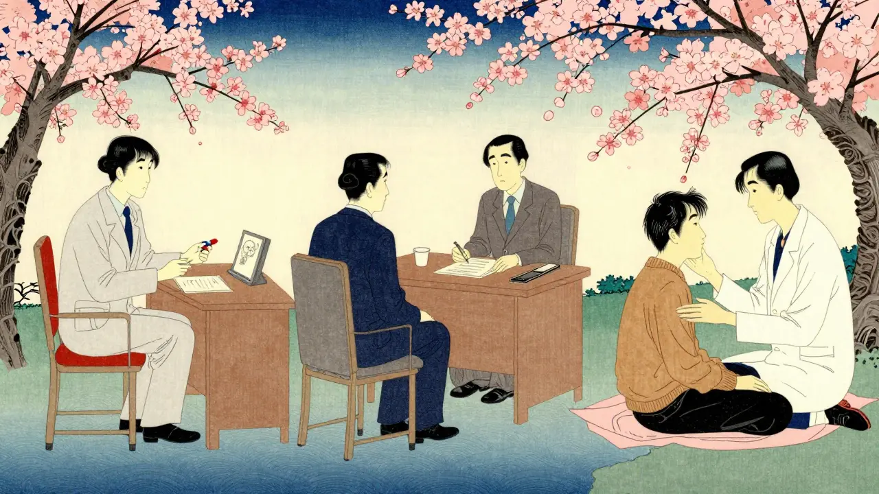 Tři scény terapie: psychiatr, psycholog, ERP terapeut v ukiyo-e stylu.