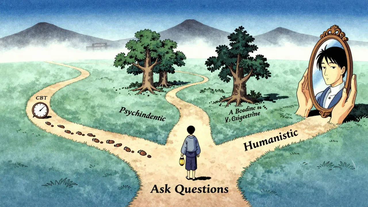 Tři terapeutické přístupy jako cesty v krajině, klient volí cestu s jasnými otázkami.