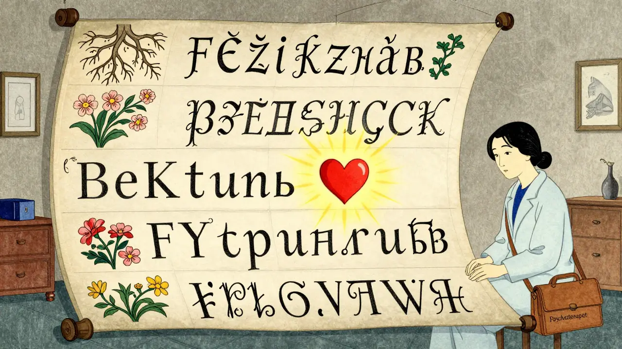 Unfolding scroll s jazyky jako rostliny, srdce ve středu, terapeut vedle.