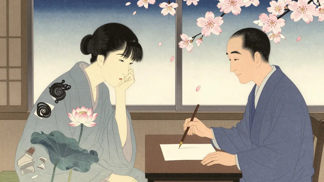 Vnitřní myšlenky klienta jsou vidět jako víření, terapeut čeká s kartou pera, květy šeříku padají v čase.