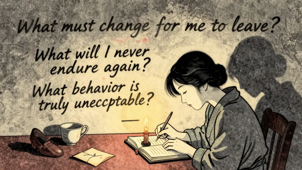 Žena píše do sešitu, nad ní jsou tři otázky, kolem ní jsou symboly ukončení vztahu.