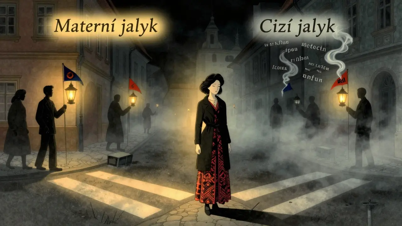 Žena stojí na křižovatce s cestami označenými různými jazyky, terapeuti ji pozorují.