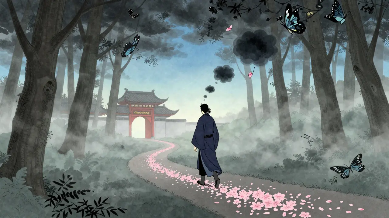 Cesta člověka skrz les, kde se negativní myšlenky mění v motýly, v ukiyo-e stylu.