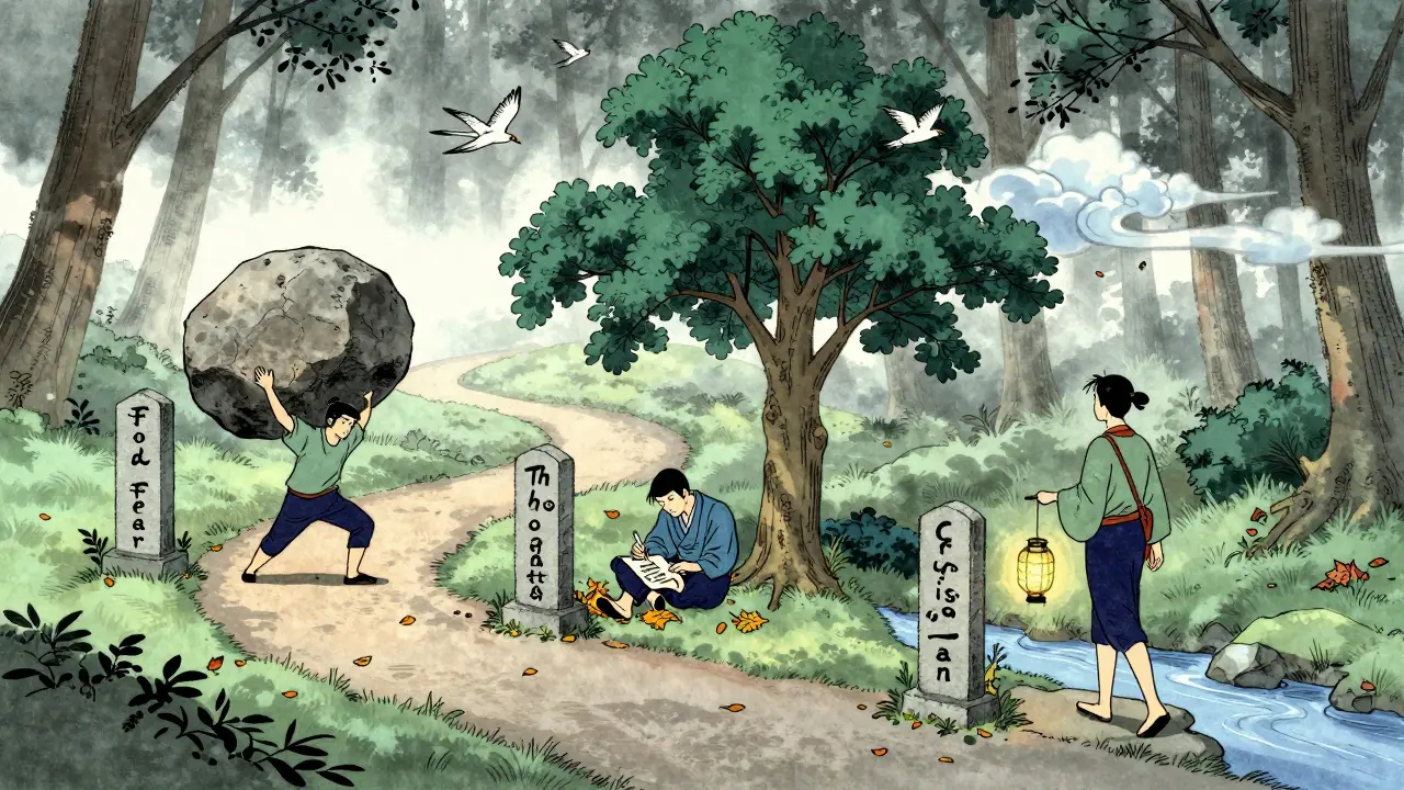 Cesta skrz les s třemi kameny symbolizujícími fáze uzdravení: strach, myšlenky a klid.