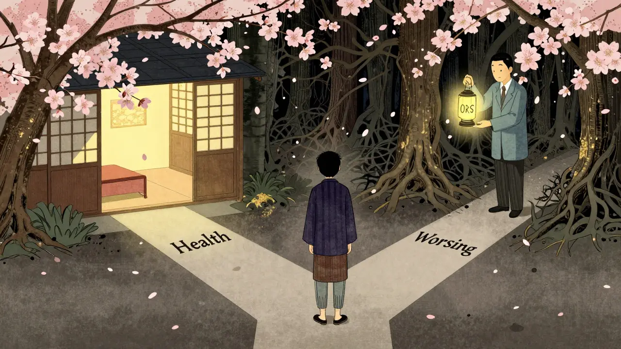 Člověk stojí na křižovatce mezi cestou k zdraví a cestou ke zhoršení, terapeut drží blikající lucernu.