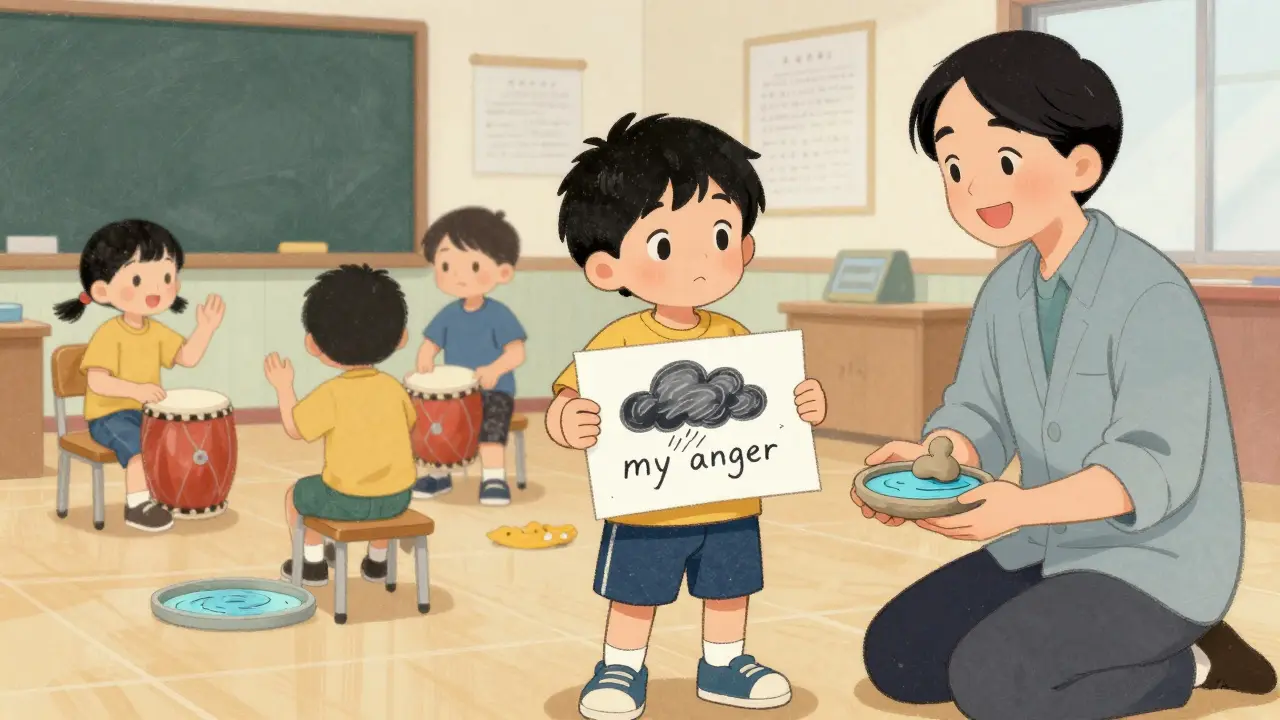 Dítě drží kresbu bouřky, terapeut drží sošku klidného jezera, v pozadí cvičí ostatní.