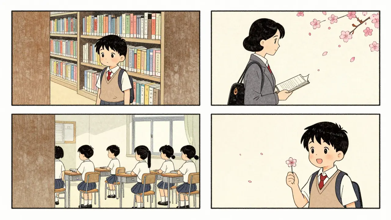 Dítě postupně vrací do školy: nejprve samotné v knihovně, pak s učitelkou, nakonec se usmívá s květinou.