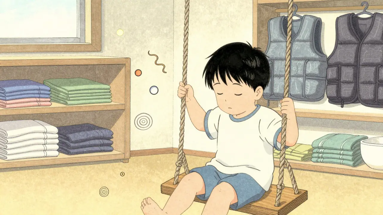 Dítě se houpne na dřevěné houpačce v senzorickém prostředí, v jemném ukiyo-e stylu.