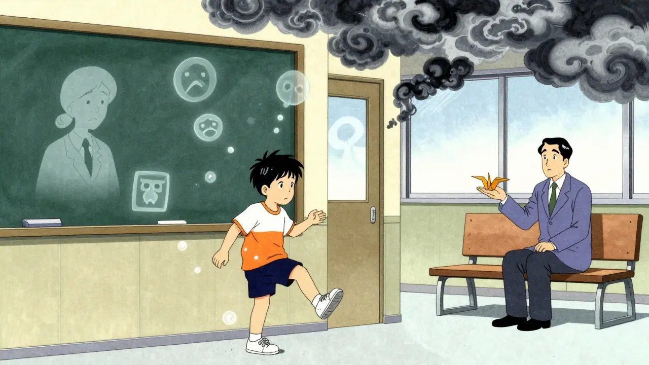 Dítě ztichlé na vchodu do školy, kolem něj plavou symboly strachu, psycholog mu podává papírového žuravíka.