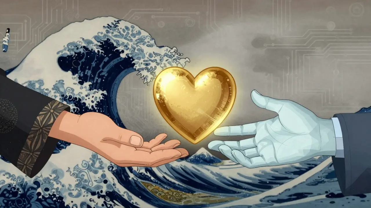 Dvě ruce se snoubí nad svitem, symbolizující hybridní péči.