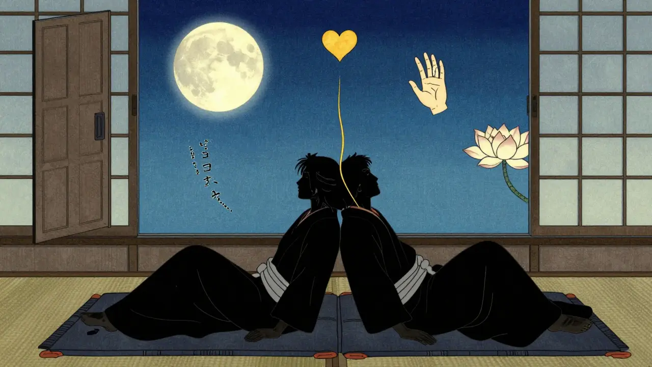 Dvojice leží zády k sobě, zlatá nit spojuje jejich srdce, symboly ran a obnovy kolem nich.