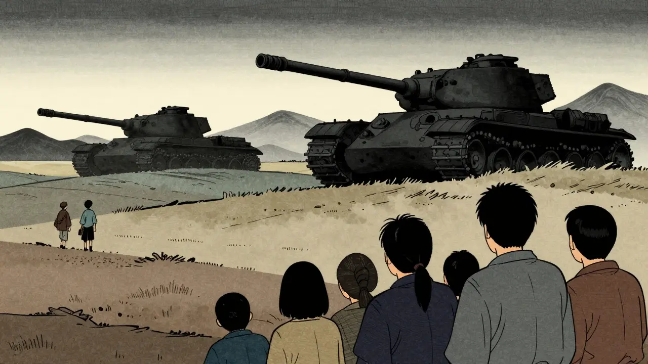 Lidé v popředí s tanky ve vzdálenosti znázorňují historické napětí