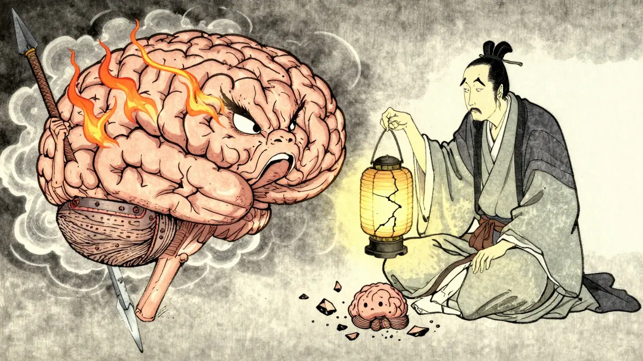 Mozek rozdělený na bojovníka hrozby a zoufalého učence, s poškozeným hippocampem.