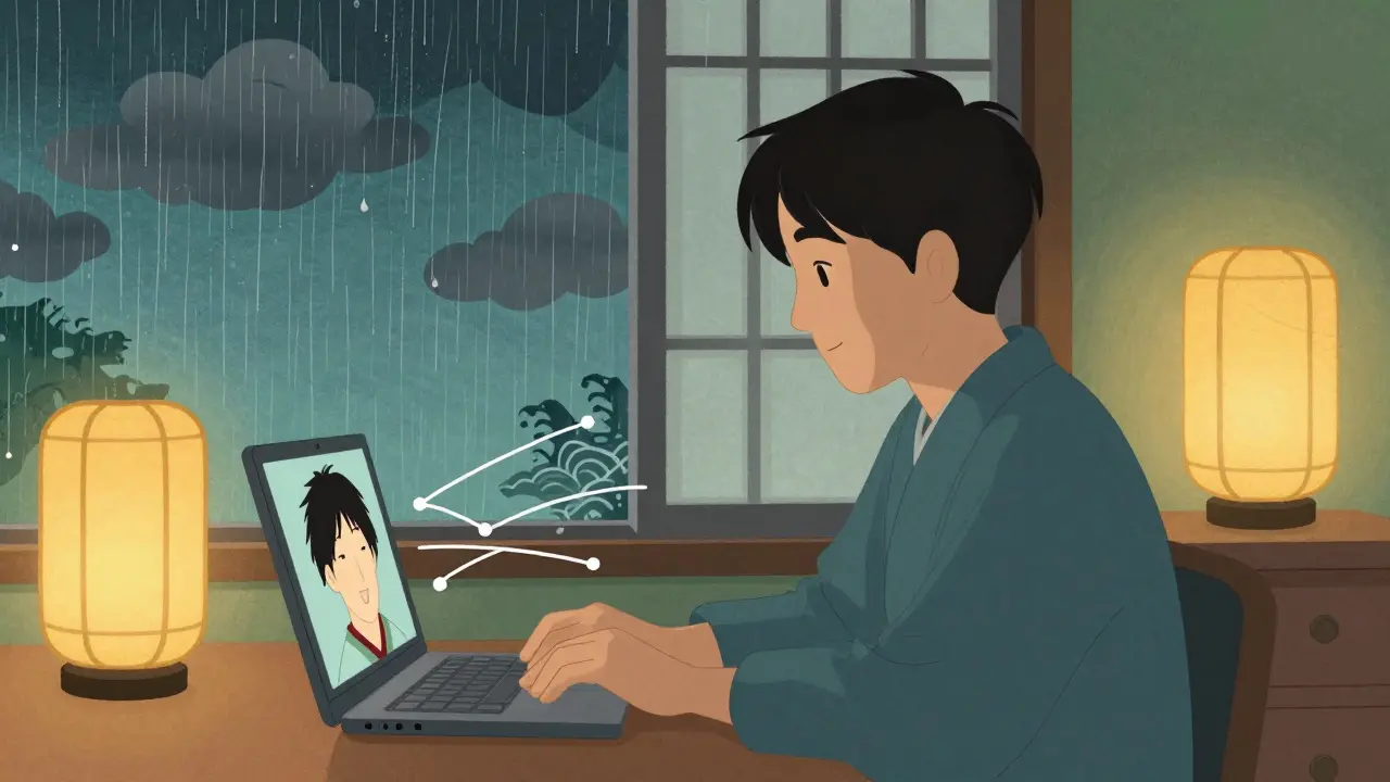 Muž se účastní terapie na dálku, venku prší, uvnitř je teplo.