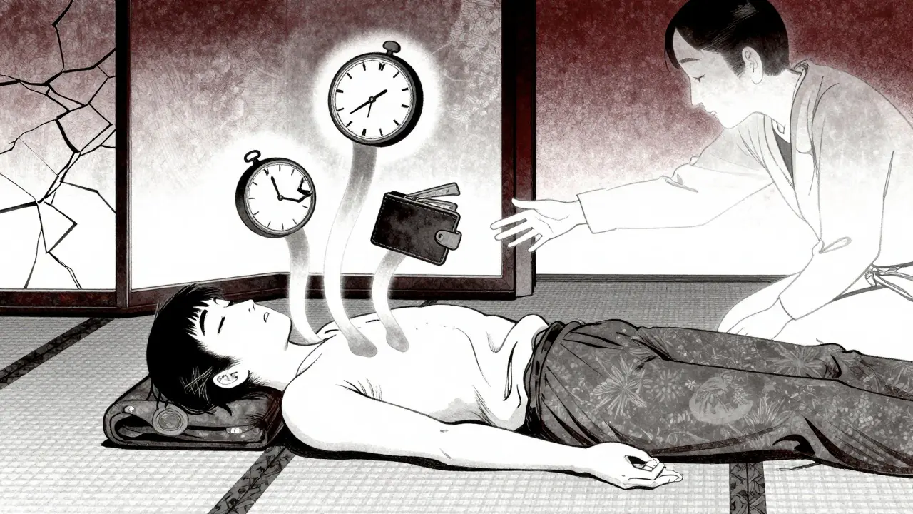 Osoba leží na tatami, z jejího těla se vynořují duchovní příznaky stresu, terapeut je nepřítomný.