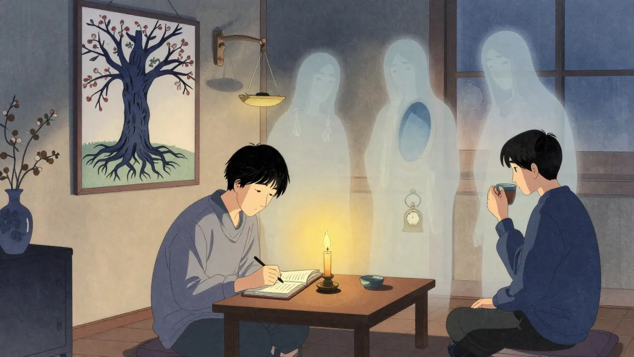 Osoba píše do deníku v tiché místnosti, zatímco staré strachy postupně mizí, svíčka osvětluje klid.