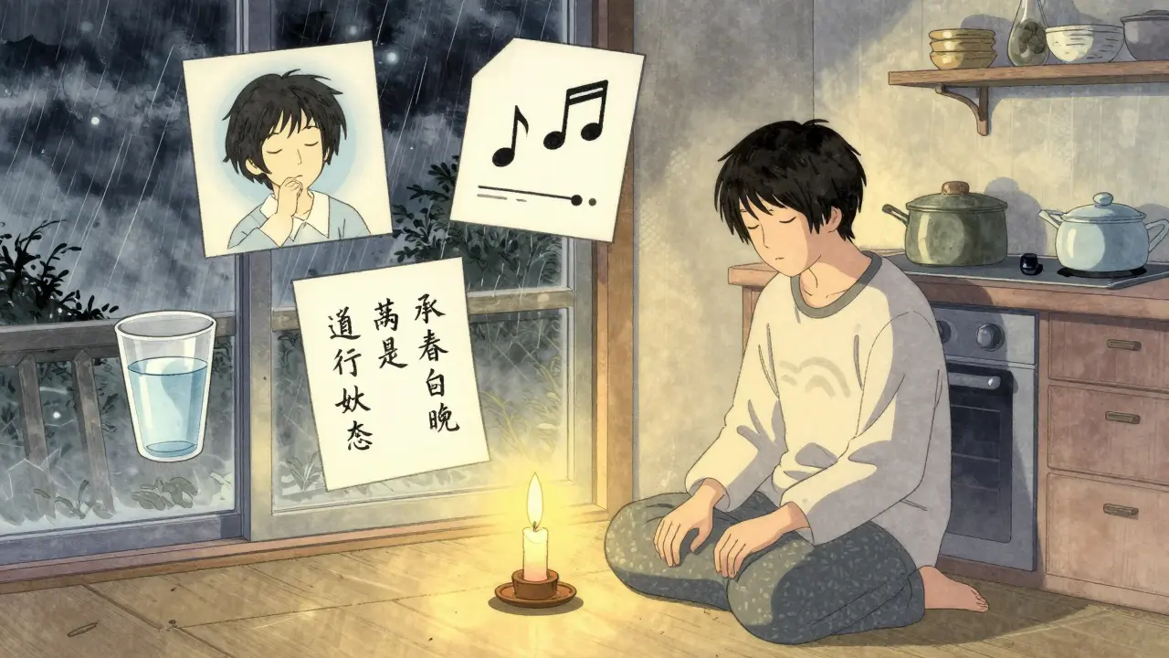 Osoba v kuchyni při svíčce, obklopena klidnými rituály, zatímco venku bouří.