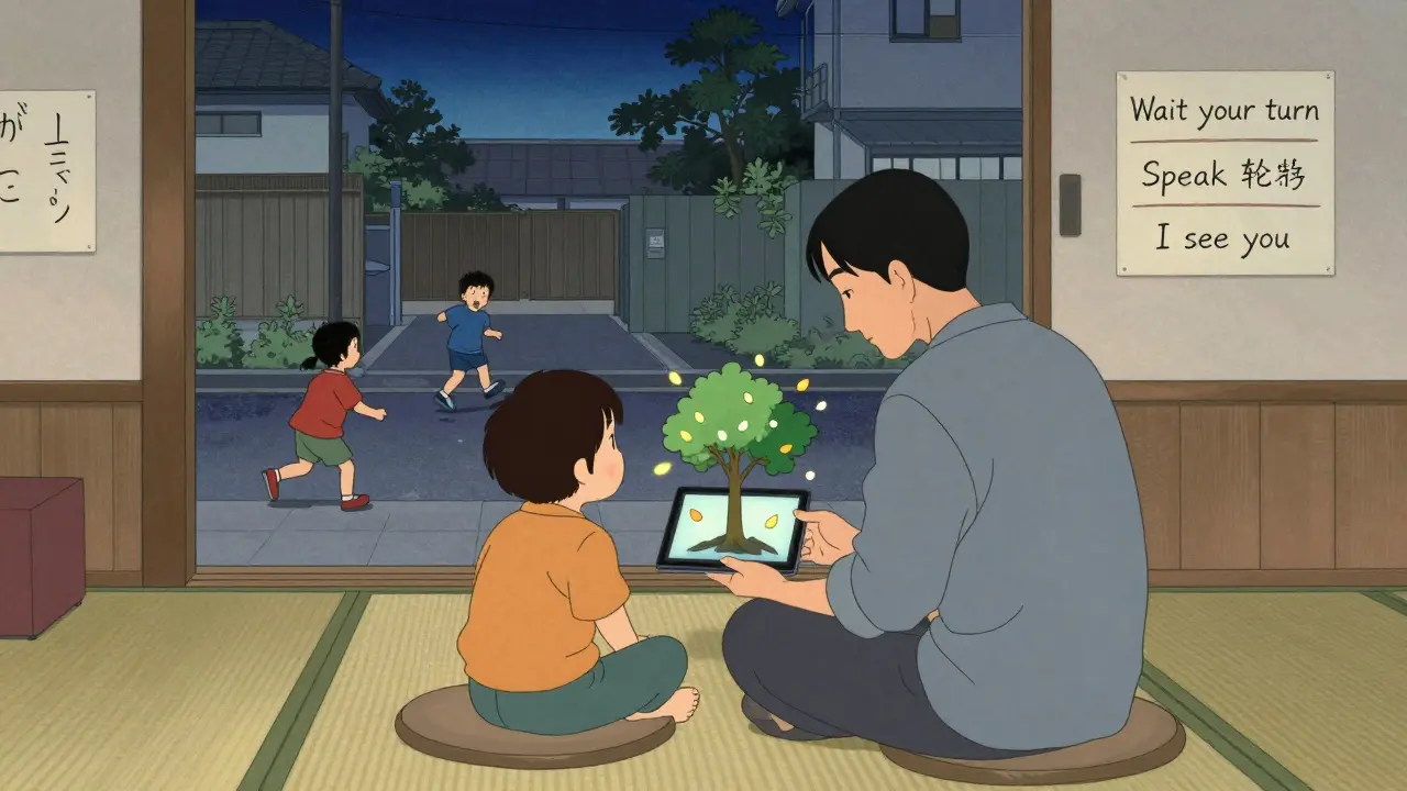 Rodič a dítě sedí spolu u tabletu s rostoucím stromem, na zdi jsou jemně napsaná pravidla.