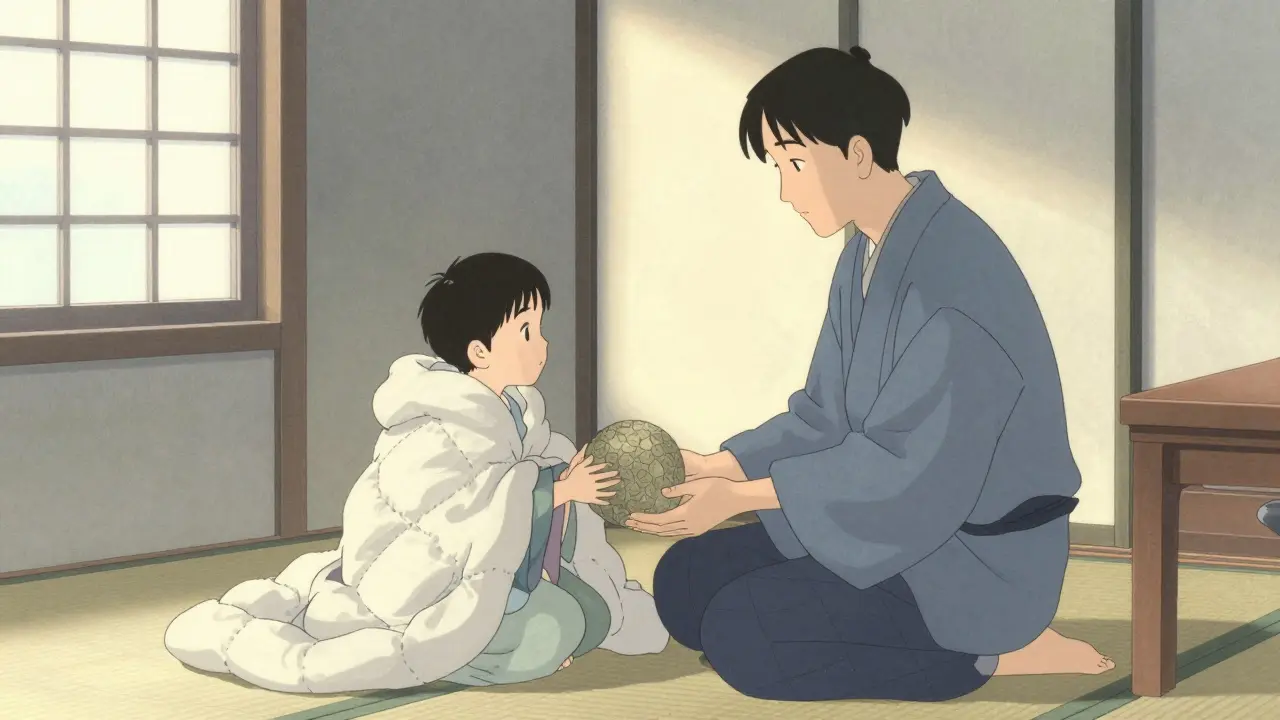 Rodič a dítě spolu v klidném domácím prostředí s těžkou dekou a texturovanou koulí, v ukiyo-e stylu.