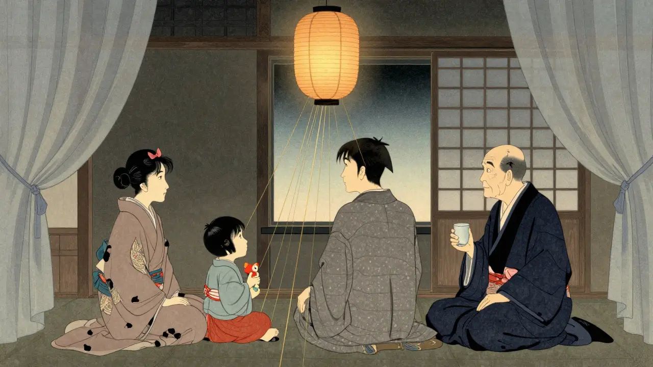 Rodina sedí v tiché místnosti, spojená zlatými nitěmi z jediného lampionu, každý ve svém světě.