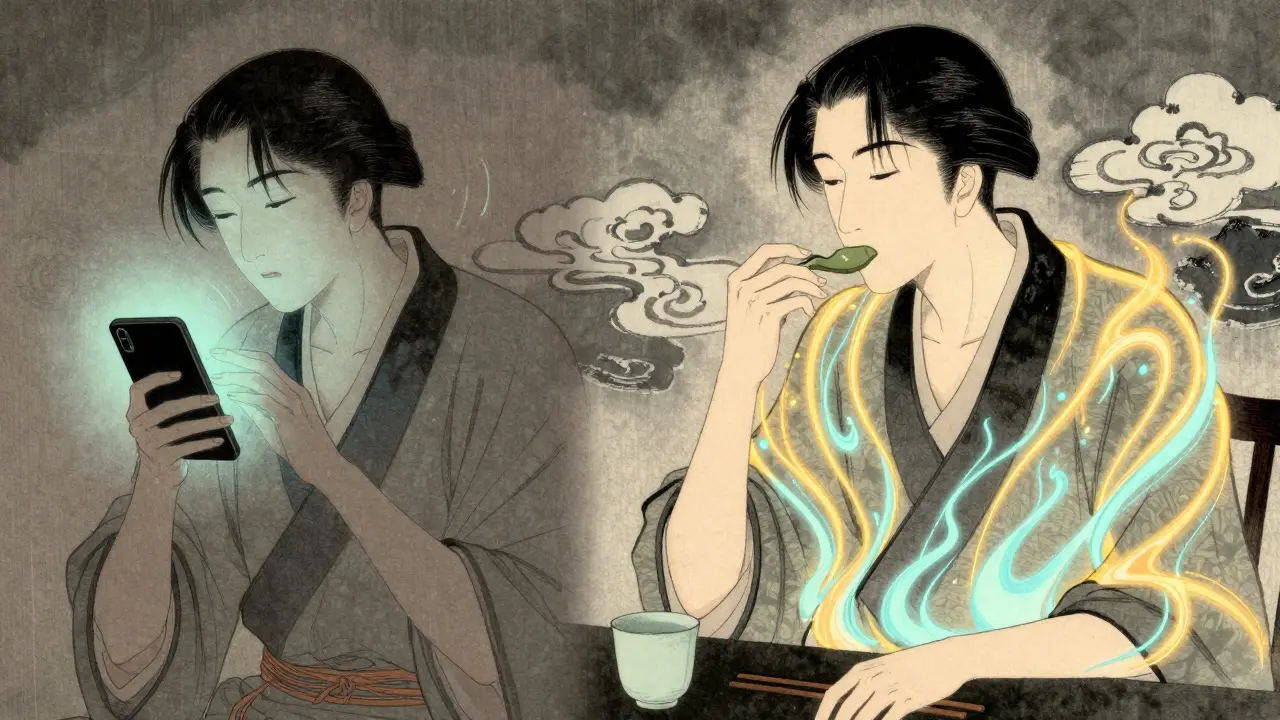 Rozdělený scénář: návykové jídlo s telefonem vs. vědomé jídlo s jasnými tělesnými signály.