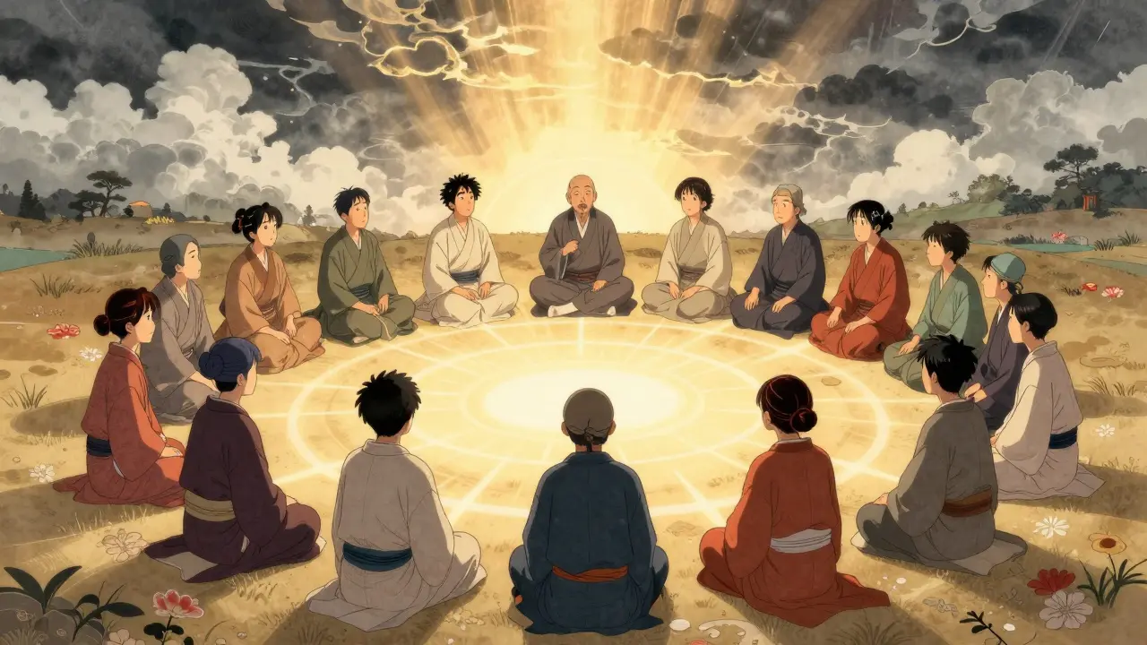 Skupina drží svícnu jako symbol naděje a hojení traumatu