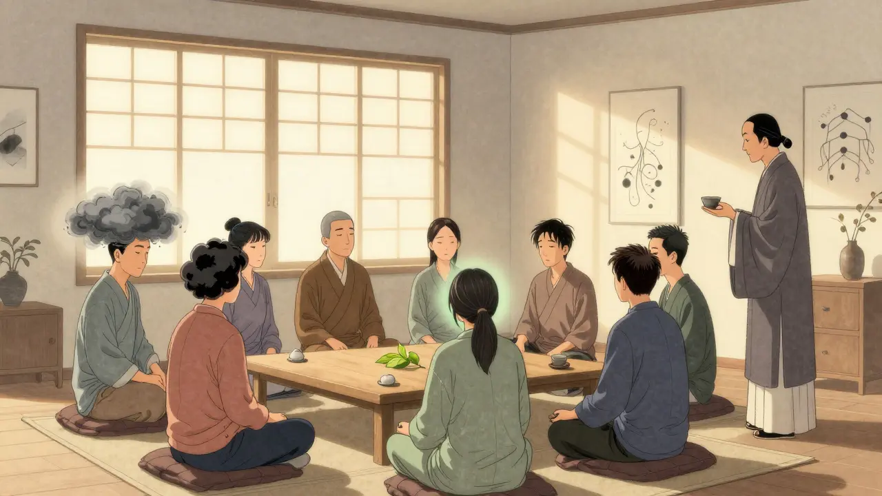 Skupina lidí medituje v minimalistickém prostředí, každý s jinou emocí, v ukiyo-e stylu.