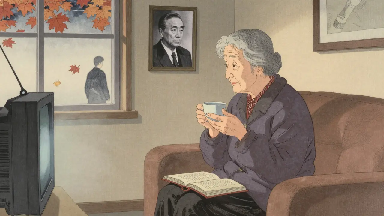 Stará žena sedí v bytě, drží čaj a dívá se na fotku zesnulého manžela.