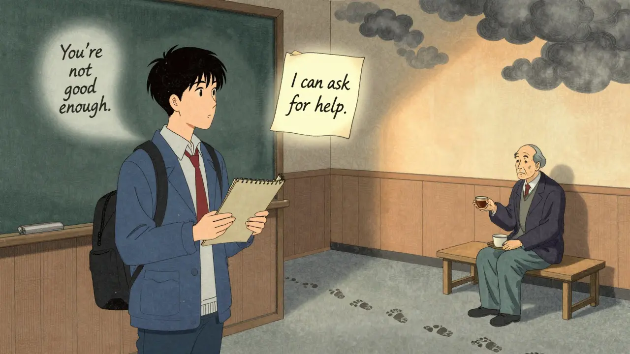 Student před přednáškou s vnitřními hlasem, který ho zneužívá, ale najde podporu.