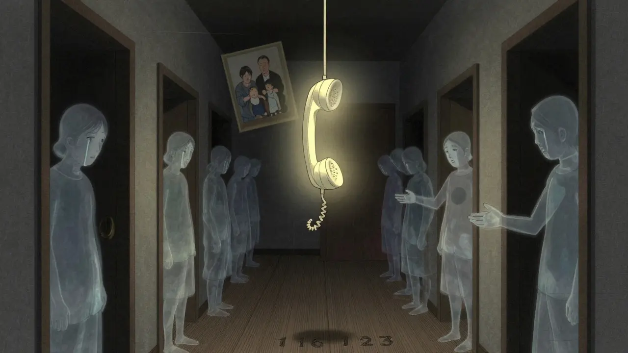 Telefonní sluchátko září ve tmy, kolem něj stojí stíny lidí, kteří potřebují pomoc po ztrátě.